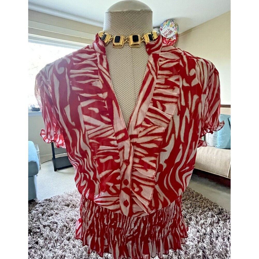 Vintage Erica Brooke Women's V-Neck Ruffle Top Blouse Sze 24 Short Sleeve Career